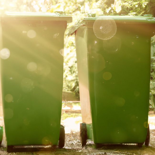 Two,Green,Bins,In,The,Garden,With,Sunshine,Coming,Out Two Green Bins In The Garden With Sunshine Coming Out