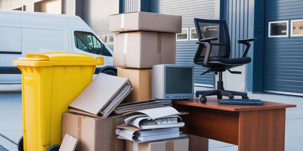 Commercial waste including cardboard boxes, paper, plastic bottles, broken office furniture and old electronics stacked outside a workplace with a recycling bin and clearance van in the background