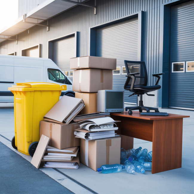 Commercial waste including cardboard boxes, paper, plastic bottles, broken office furniture and old electronics stacked outside a workplace with a recycling bin and clearance van in the background