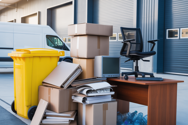 Commercial waste including cardboard boxes, paper, plastic bottles, broken office furniture and old electronics stacked outside a workplace with a recycling bin and clearance van in the background