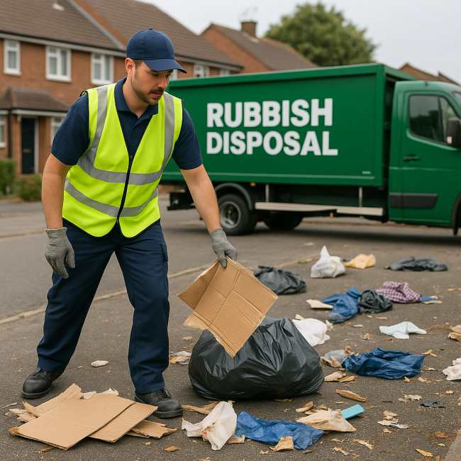 Rubbish Disposal team loading varied waste including furniture, garden cuttings, cardboard boxes and plastic bags into a branded white van on a clean residential Essex street.