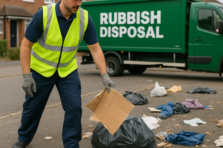 Rubbish Disposal team loading varied waste including furniture, garden cuttings, cardboard boxes and plastic bags into a branded white van on a clean residential Essex street.
