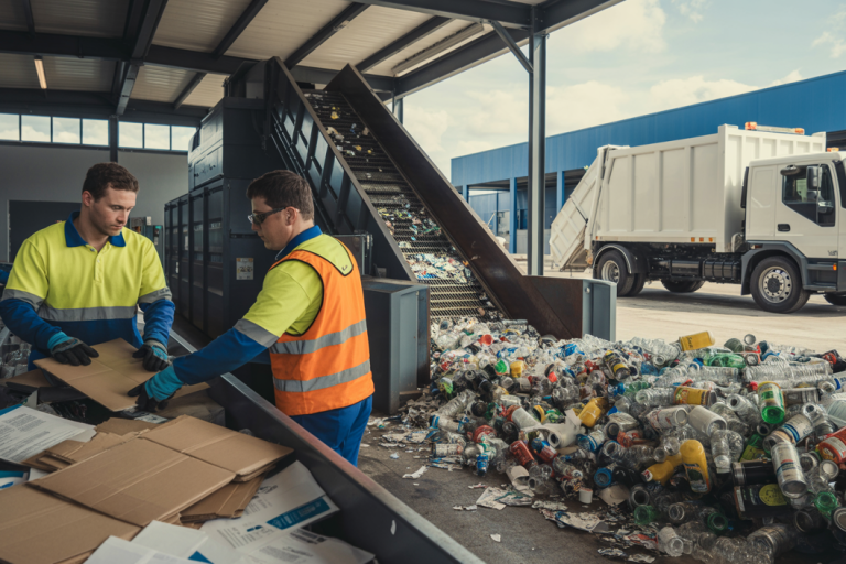Workers sorting recyclable materials such as cardboard, plastic, and metal at a modern waste recycling facility in Brentwood with a collection truck in the background