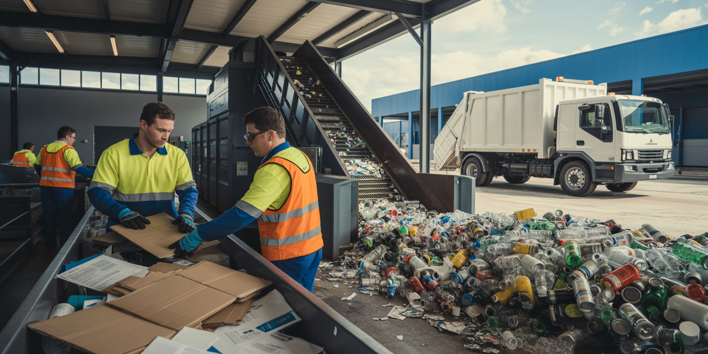 Workers sorting recyclable materials such as cardboard, plastic, and metal at a modern waste recycling facility in Brentwood with a collection truck in the background