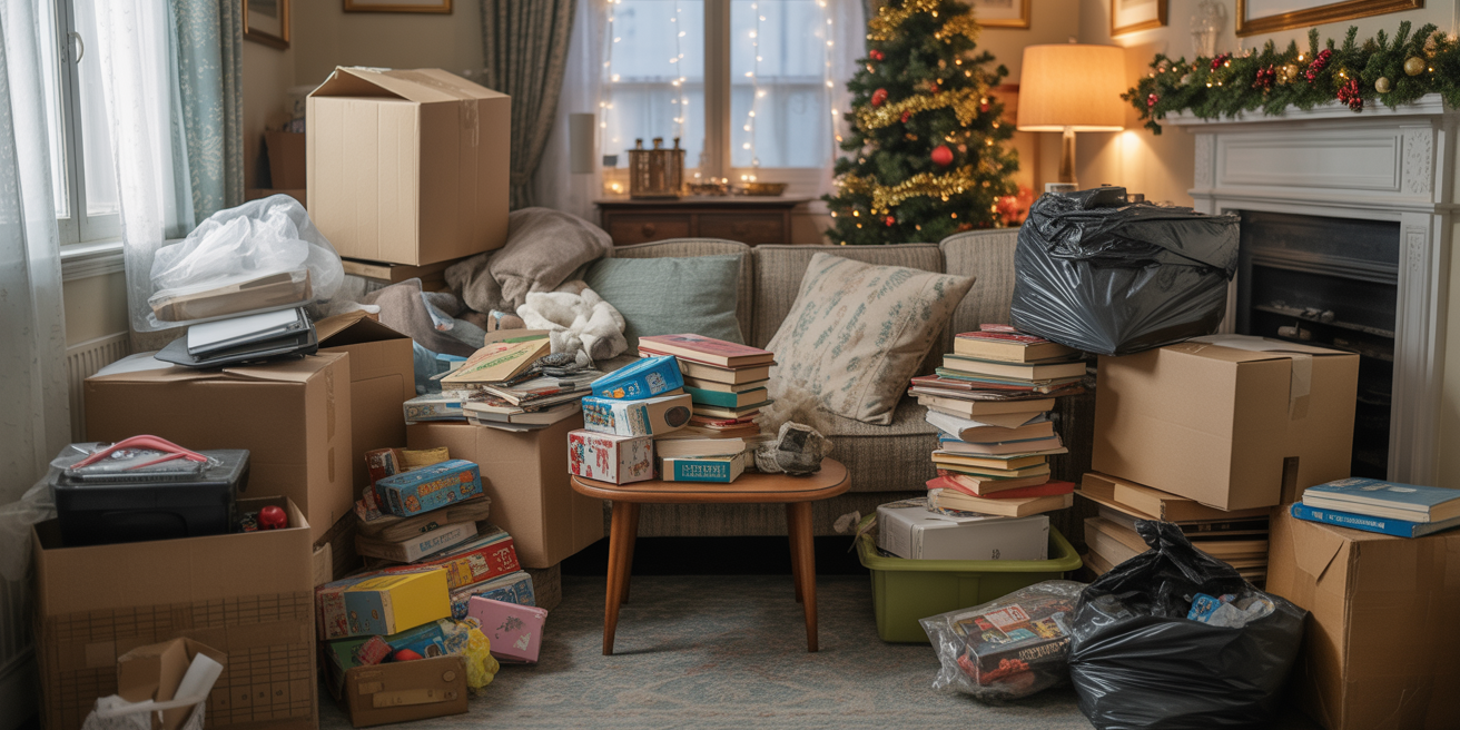 Cluttered living room filled with bags, boxes and old items before Christmas, showing a home in need of rubbish clearance
