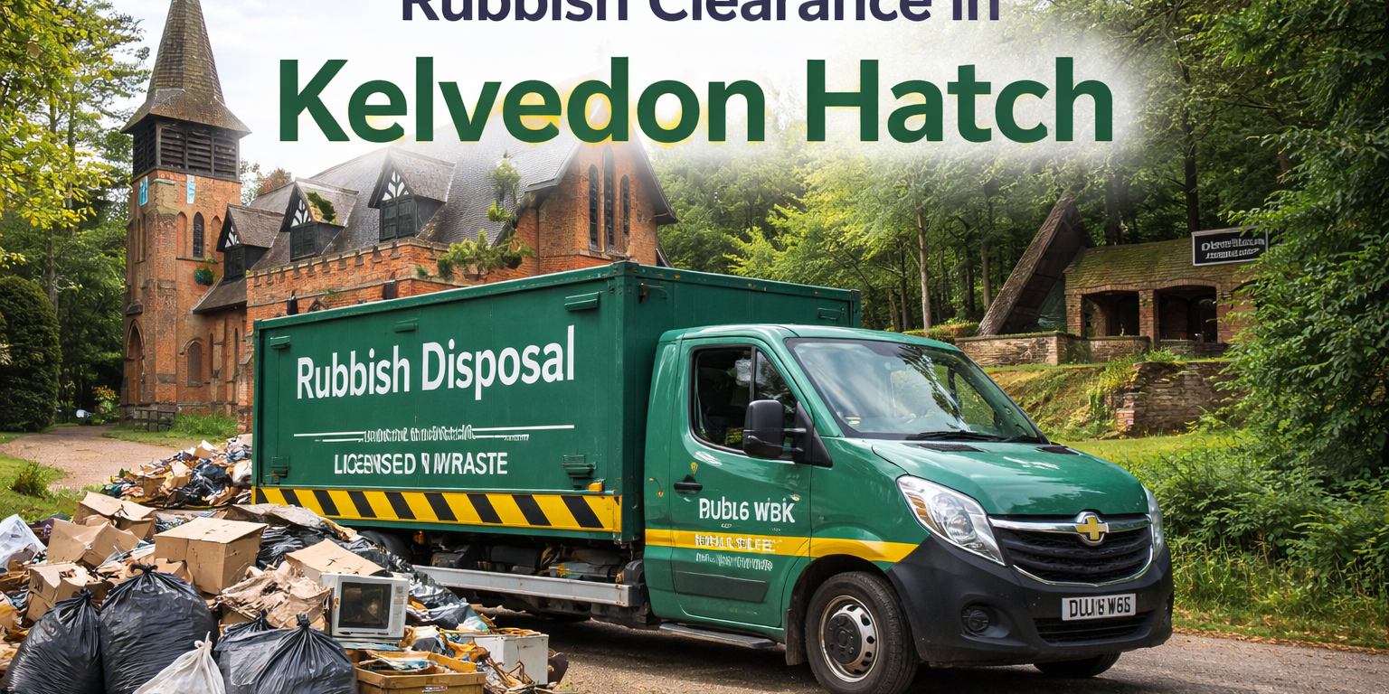 Rubbish Disposal truck clearing a large pile of waste near Kelvedon Hatch landmarks, showing professional rubbish clearance service in the local village