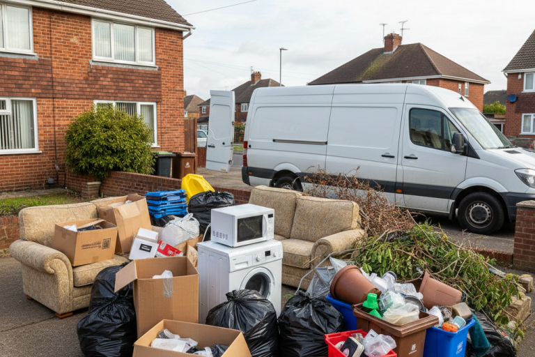 Mixed household waste piled on a driveway including cardboard, furniture and bags, showing common waste collection mistakes before professional removal