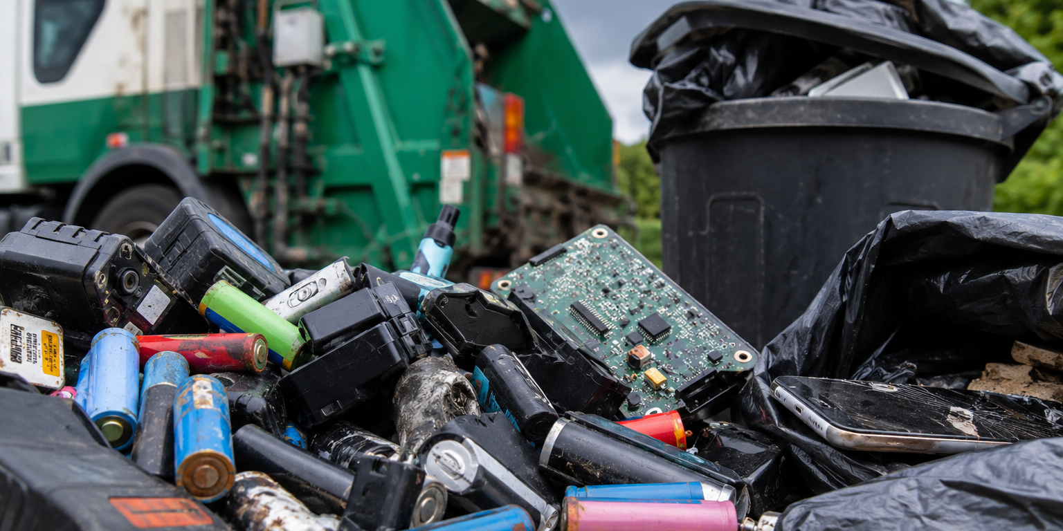 a pile of lithium batteries next to a rubbish truck