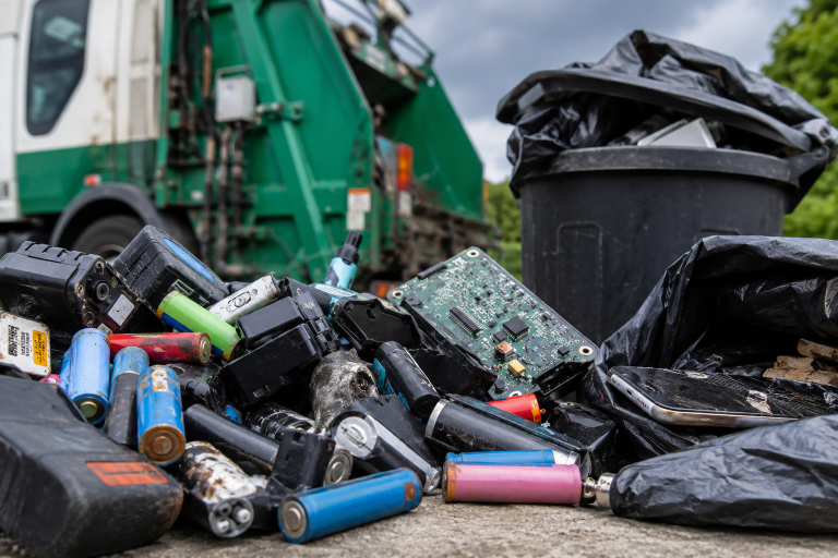a pile of lithium batteries next to a rubbish truck