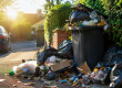 Overflowing household rubbish bins and waste bags outside a residential property during hot summer weather