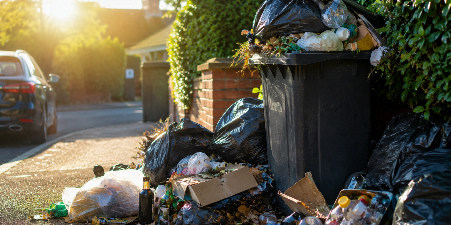 pile of rubbish Overflowing household rubbish bins and waste bags outside a residential property during hot summer weather