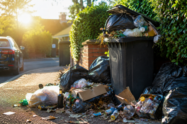 pile of rubbish Overflowing household rubbish bins and waste bags outside a residential property during hot summer weather