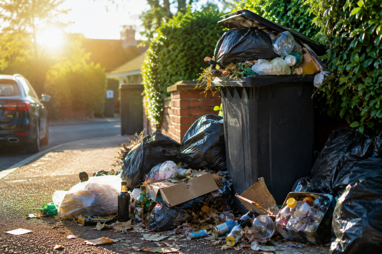 Overflowing household rubbish bins and waste bags outside a residential property during hot summer weather