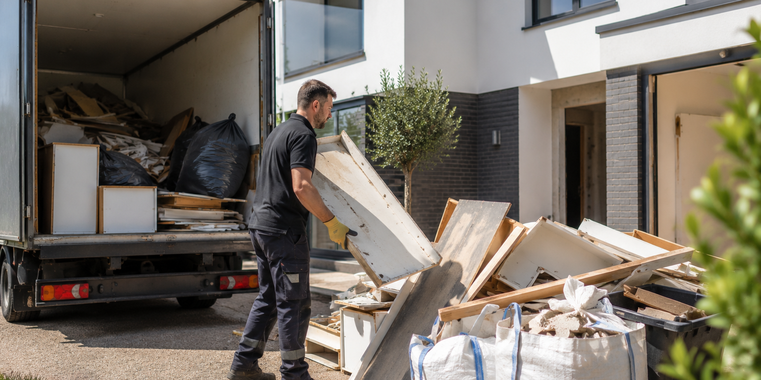 Licensed rubbish clearance team removing builders' waste from a recently renovated home in Essex.