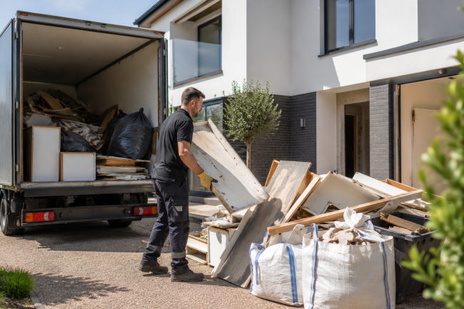 Licensed rubbish clearance team removing builders' waste from a recently renovated home in Essex.