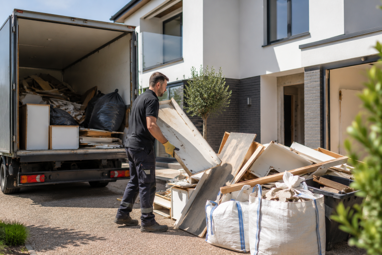 Licensed rubbish clearance team removing builders' waste from a recently renovated home in Essex.