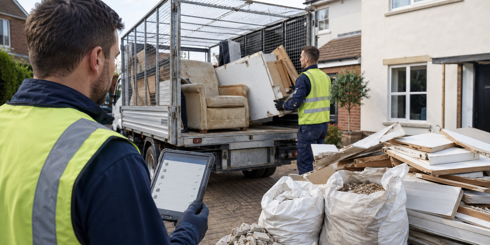 Professional rubbish clearance team using digital waste tracking while loading renovation waste into a caged lorry