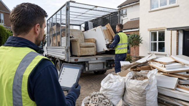 Professional rubbish clearance team using digital waste tracking while loading renovation waste into a caged lorry