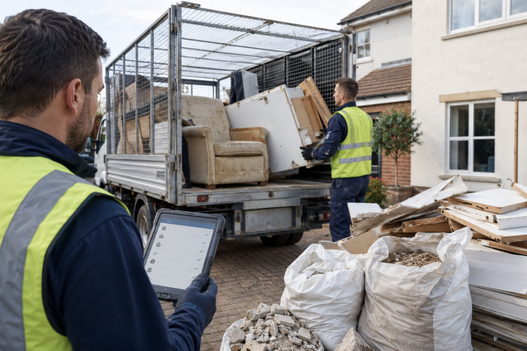 Professional rubbish clearance team using digital waste tracking while loading renovation waste into a caged lorry