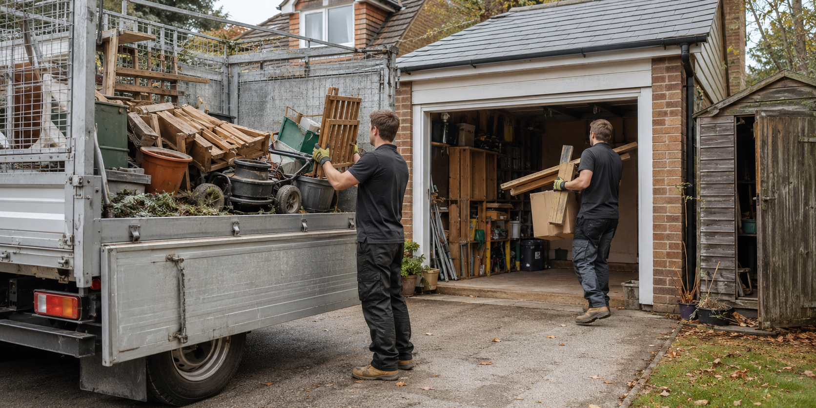 Rubbish clearance team removing unwanted items from a garage in Essex before winter