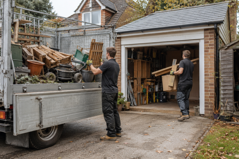 Rubbish clearance team removing unwanted items from a garage in Essex before winter